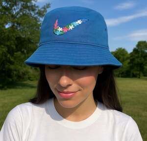 The Hat Depot Blue 100% Cotton Floral Swoosh Custom Embroidery Bucket Hat L/XL